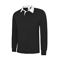 Mens Ribbed Cuffs Woven Collar Rugby T Shirt Adults Slim Fit Long Sleeves Shirt
