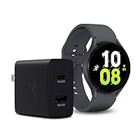 SAMSUNG Galaxy Watch 5 + 35W Duo Wall Charger Bundle, 44mm LTE Smartwatch w/Body, Health, Fitness, Sleep Tracker, Gray Band and Dual Port USB C Adapter, Super Fast Charging Block, Black