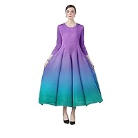 Summer Fall Vintage Gradient Patchwork Crew Neck 3/4 Sleeve Women Ladies Casual Party Vacation Midi Long Pleated Dresses