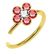 Multi Crystal Stone Flower Top 20 Gauge Gold Plated 925 Sterling Silver Open Hoop Nose Piercing Ring Body Jewelry