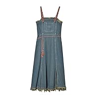 GMOIUJ Retro Denim Dress Women's Waist Show Thin Tassel Sling Dress