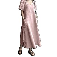 Summer Dresses for Women Style Retro Women ; Cotton and Linen -Neck Large Loose Dress with Pocket -