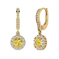 3.55 ct Round Cut Halo Solitaire Canary Yellow Simulated Diamond Designer Lever back Drop Dangle Earrings 14k yellow Gold