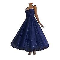 Women's Sparkle Starry Tulle Prom Dresses Tea Length Sweetheart Sleeveless Formal Evening Party Gowns