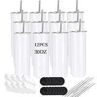 12 Pack Sublimation Tumblers Bulk 30oz - Blank Straight Skinny Tumbler Stainless Steel Insulated Sublimation Tumblers Polymer Coating for Heat Transfer with Straws, Lids, White