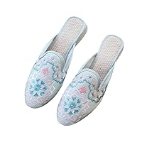 Ethnic Embroidered Slippers For Women Pointed Toe Vintage Mules Ladies Flat Heeled Satin Slides Female Summer Shoes