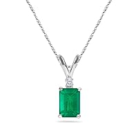 May Birthstone - Natural Emerald Cut Diamond Accented Emerald Solitaire Pendant in 14k White Gold From 5x3MM - 8x6MM