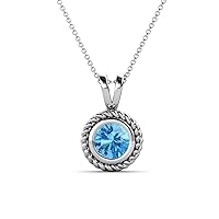 Round Blue Topaz 1 ct Womens Rope Edge Bezel Set Solitaire Pendant Necklace 16 Inches 925 Sterling Silver Chain