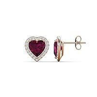 Heart Shape Rhodolite Garnet & Round Natural Diamond 3.04 ctw Women Heart Shape Halo Stud Earrings 14K Gold