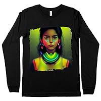 Girl Print Long Sleeve T-Shirt - Color Print T-Shirt - Mexican Print Long Sleeve Tee Shirt - Black, M