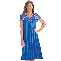 Collections Etc Women's Silky Lace Trim V-Neckline Knee-Length Nightgown with Flutter Lace Sleeves, Royal Blue, X-Large