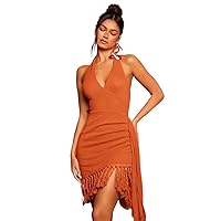 Womens Fall Fashion 2022 Halter Neck Backless Draped Side Tassel Hem Bodycon Dress (Color : Burnt Orange, Size : Large)