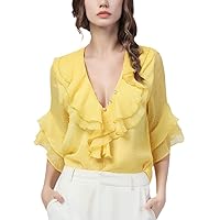 Women' Long Lantern Sleeve Red Chiffon Blouse Ruffle Tops Loose Plus Size Spring Summer Sexy V-Neck Blouses