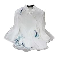 Ethnic Style Tang Suit Vintage Harajuku Crane Embroidery Chinese Tops Women Eleganti Loose White Blue Hanfu Blouse