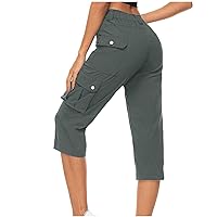 Capri Leggings for Women Casual High Waist Button Pull On Cargo Pants Elastic Casual Pockets Workout Hiking Trousers
