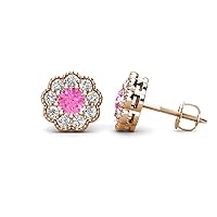Round Pink Sapphire Natural Diamond 1 ctw Women Milgrain Halo Stud Earrings 14K Gold