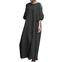 Cotton Linen Dress with Pockets Puff Sleeve Linen Dresses for Women 2024 Casual Maxi Dress Round Neck Vacation Dresses Summer Loose Trendy Sundress Vestidos De Verano para Mujer Black