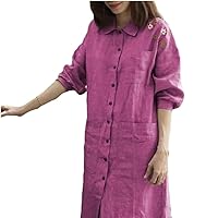 Single-Breasted Button-up Dress Loose Fit Flower A-line with Patch Pockets Long Sleeves for Women