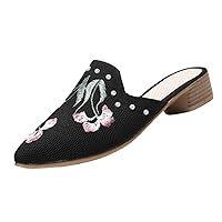 Pointed Toe Women Summer Slippers Retro Embroidered Mules For Ladies Beading Shoes Female Ethnic Vintage Slides