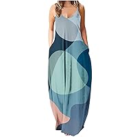 Women Sexy V Neck Spaghetti Strap Casual Maxi Dress Summer Fashion Print Sleeveless Long Cami Dresses with Pockets