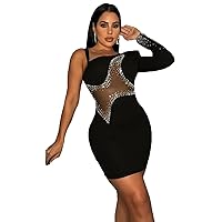 Womens Sexy One Shoulder Rhinestones Mesh See Through Package Hip Dress Nightclub Dress