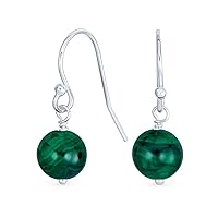 Simple Basic Gemstone Round 8MM Bead Ball Drop Dangle Earrings For Women Teen Secure French Fish Hook Wire .925 Sterling Silver Birthstones More Colors