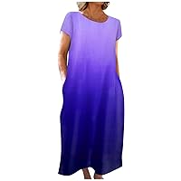 Womens Dresses 2023 Cotton Linen Dress Short Sleeve Round Neck Dresses Flowy Beach Maxi Long Sundress with Pockets