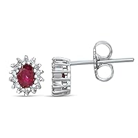 KALO79 Sterling Sliver Earrings with Diamonds and Oval Emerald, Ruby, or Sapphire