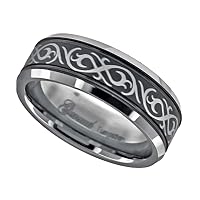 Tungsten Black Laser Engraved Celtic Design With Offset Grooves Mens Comfort fit 8mm Weddi Jewelry Gifts for Men - Ring Size Options: 10 10.5 11 11.5 12 12.5 13 13.5 14 7 7.5 8 8.5 9 9.5