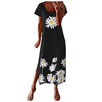 Women's Bohemian Flowy Dress Swing Short Sleeve Long Floor Maxi Print Round Neck Trendy Casual Summer Beach