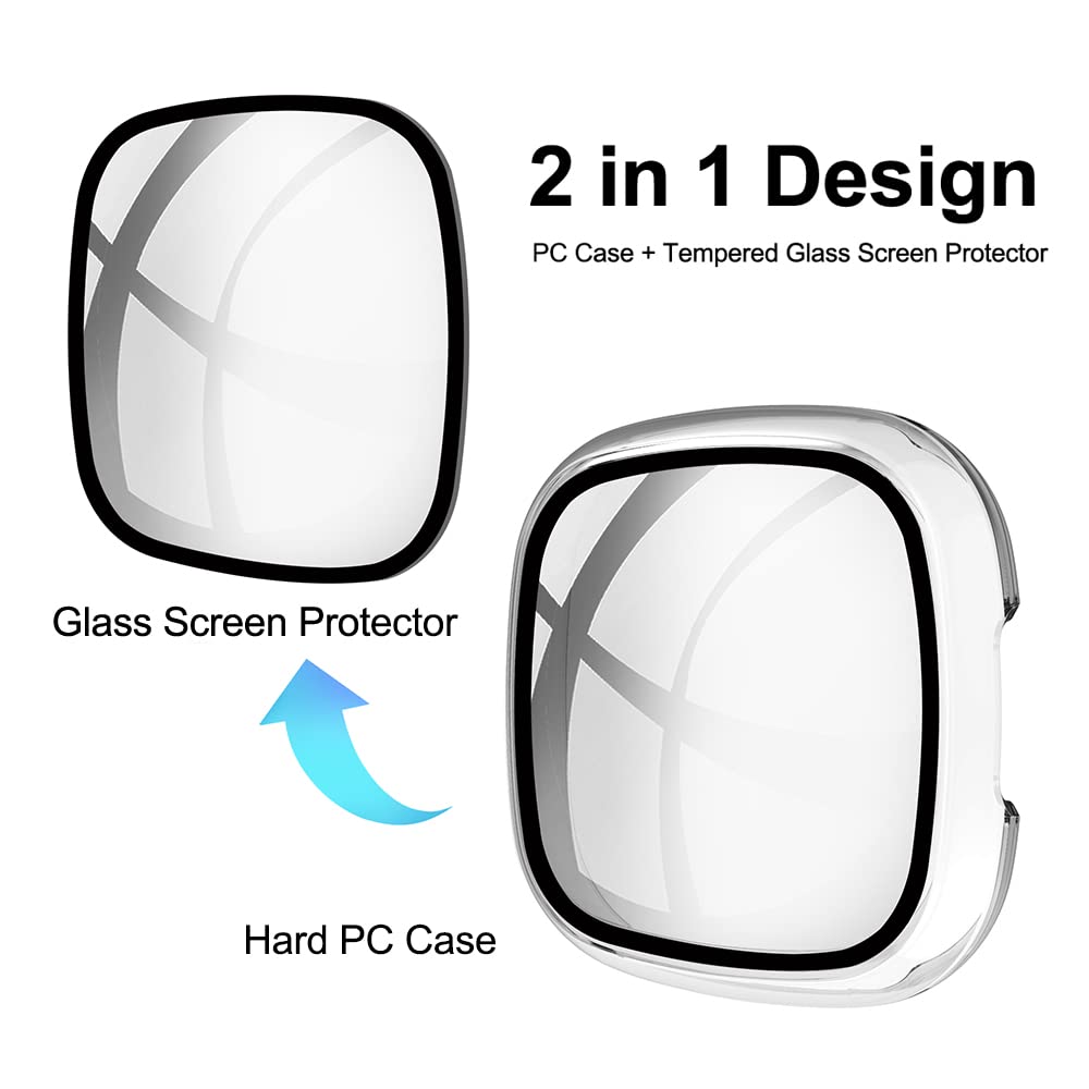 Acadeny [2-Pack Case with Tempered Glass Screen Protector Compatible for Fitbit Versa 4/Sense 2, 9H Hardness 360° All-Round Protective Ultra Thin Protective PC Case Cover for Black Transparent