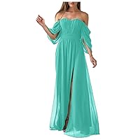 Chiffon Long Prom Dress with High Slit Off Shoulder Bridesmaid Dress for Women A Line Cocktail Gown PM04