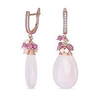 Boho Fashion Multi Color Crystal Bead Accent Wire Warp Gemstone Pear Shape Translucent Pink Quartz Teardrop Drop Earrings For Women Rose Gold Plated Secure Snap back Hinge