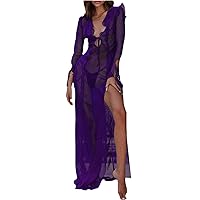 Multitrust Women Lace Mesh See Through Maxi Dress Flowy Perspective Ruffle Trim Long Dresses Party Swimsuit Cover Up Dress