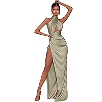 Satin Halter Prom Dress Long Mermaid Evening Gown with Slit Backless Wedding Party Formal Dresses for Women