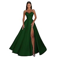 Women's Strapless Satin Prom Dresses with Slit Long Pleats Sequined Appliques Evening Party Dress