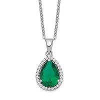 925 Sterling Silver Polished Spring Ring Simulated Emerald and Cubic Zirconia Necklace 18 Inch Jewelry for Women