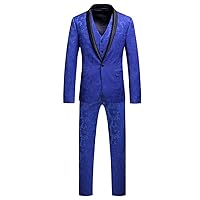 1 Button Shawl Lapels Style Embossed Royal Blue Men's Suits 4 Button Waistcoat