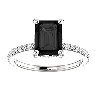 1 CT Hidden Halo Emerald Shape Black Engagement Ring 10K White Gold, Invisible Halo Emerald Black Diamond Ring, Black Emerald Under Halo Proposal Ring, Anniversary Ring
