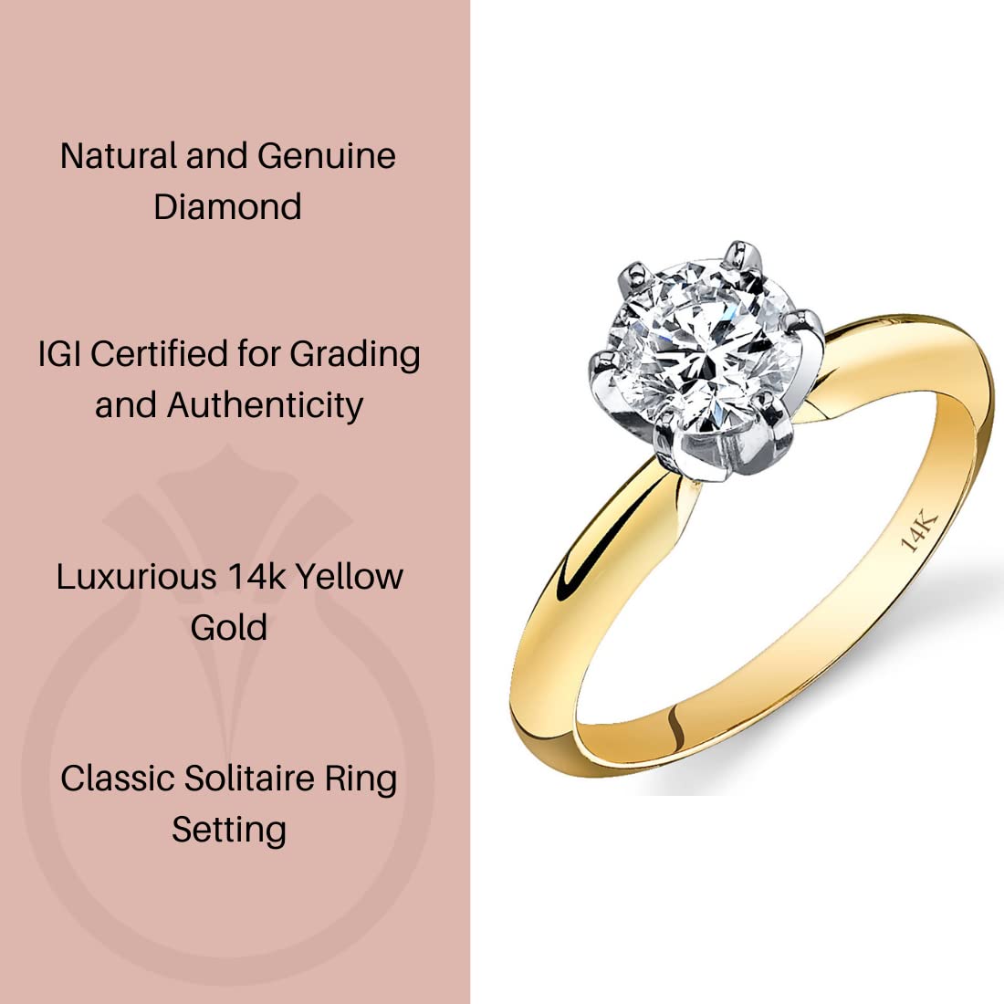 IGI Certified 14K Yellow Gold 1.68 Carats Diamond Engagement Ring G-H Color SI2-I1 Clarity, 2.1mm Band
