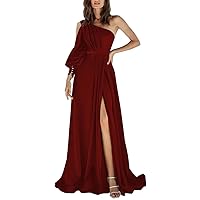 One Shoulder Satin Prom Dress Long Sleeve Pleated A Line Formal Evening Gowns with Slit