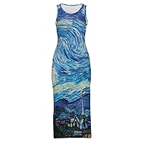 Woman Starry Night Art Sleeveless Bodycon Side Slit Long Dress (Size S to 4XL)