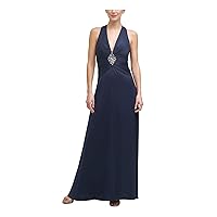 Vince Camuto Womens Navy Zippered Embellished Cross-Back Pleated Sleeveless V Neck Full-Length Evening Gown Dress 2