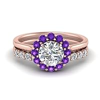 Choose Your Gemstone Flower Ring With Diamond CZ Band rose gold plated Round Shape Wedding Ring Sets Affordable