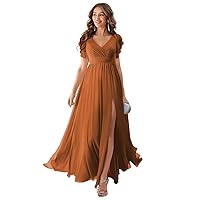 Lindo Noiva Ruffles Sleeves Bridesmaid Dresses for Women Long Chiffon Prom Evening Gowns with Pockets LB70