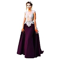 Women's Lace Appliques Prom Dress Mermaid Formal Evening Gowns with Detachable Train