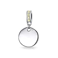 Engravable Initial Monogram Crystal Accent Bale Dangle Round Circle Disc Shaped Charm Bead For Women Teen .925 Sterling Silver European Bracelet Simulated Birthstone Colors