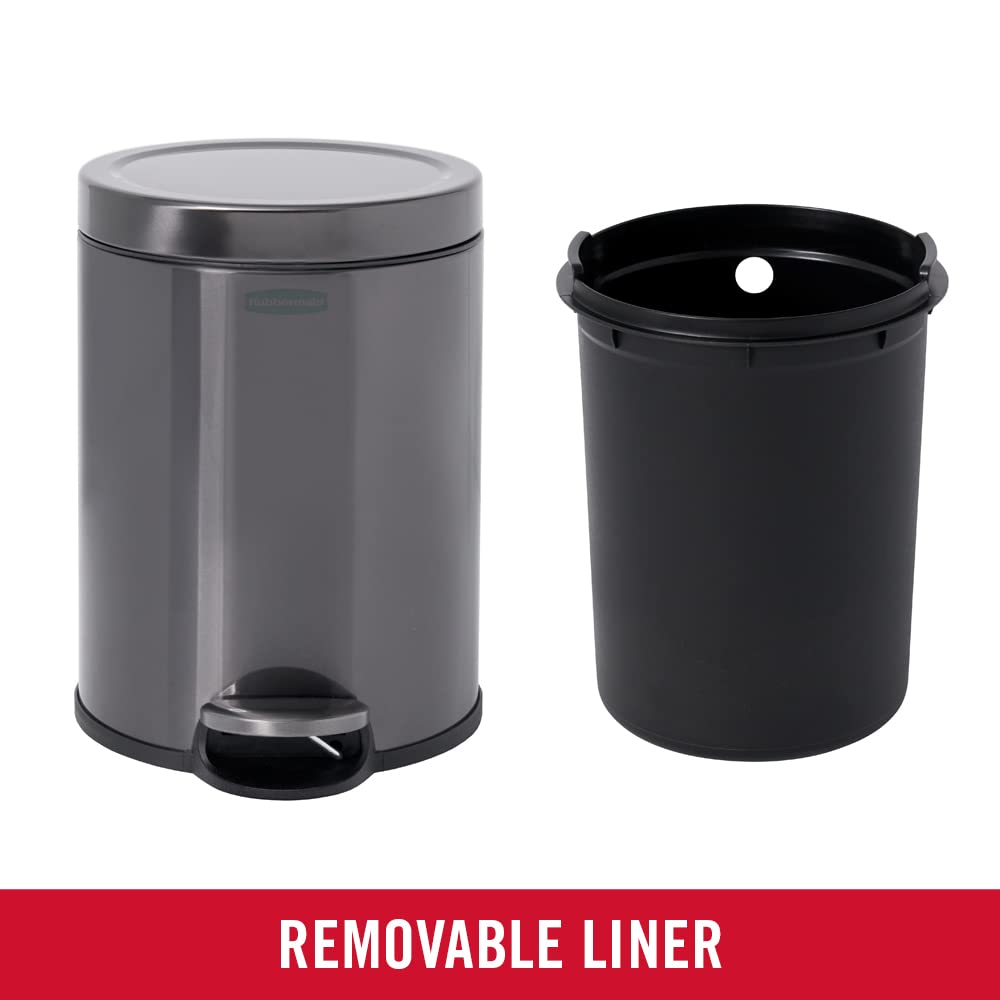 Rubbermaid Stainless Steel Round Step-On Trash Can, 1.6-Gallon, Charcoal, Wastebasket with Lid for Home/Bathroom/Kitchen