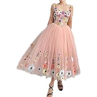 Strap 3D Floral Exposing Bone Formal Prom Dress Tea Length Party Evening Gown Pink