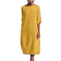 Cotton Linen Dress Women 3/4 Sleeve Tshirt Dress Loose Fit Casual Crewneck Midi Dress Solid Comfy Baggy Summer Beach Sundress